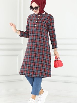 Bordo & Mavi Yarım Düğmeli Tüvit Tunik Bordo & Mavi Yarım Düğmeli Tüvit Tunik