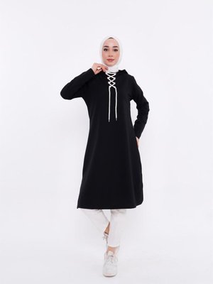 Eflin Yakadan Bağlamalı Kapüşonlu Uzun Sweatshirt Siyah