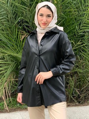 Siyah Şardonlu Deri Ceket Gömlek