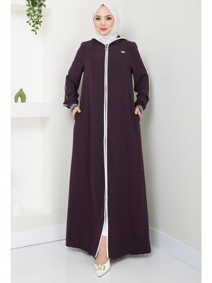 Mürdüm Şeritli Biye Detaylı Ferace