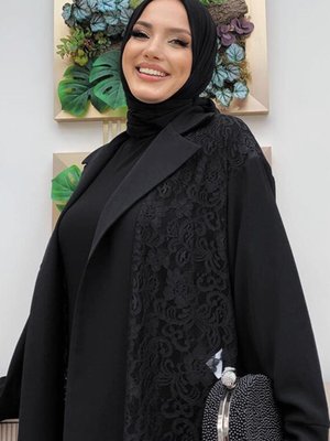 Kadın Siyah Dantelli Abaya T