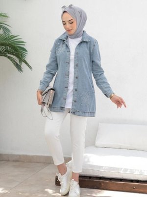 Taş Işlemeli Kot Ceket Mavi