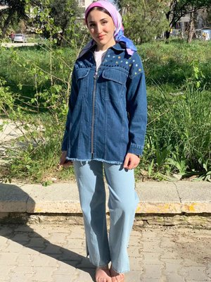 Koyu Mavi Nakışlı Fermuarlı Kot Ceket