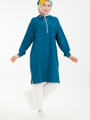 Armine Trend Kolları Ribanalı Kapüşonlu Yarım Fermuarlı Tunik Petrol