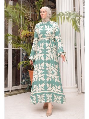 Mint Kol Bağlamalı Desenli Viscon Elbise Mint Kol Bağlamalı Desenli Viscon Elbise