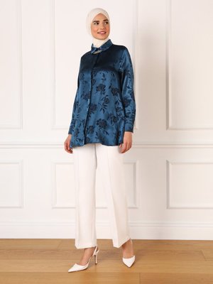 Jakarlı Saten Tunik Lacivert