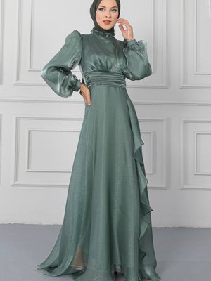 Mint Balon Kol Ön Detaylı Tül Abiye Elbise