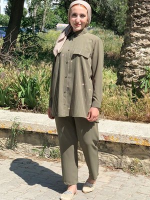 Haki Gömleği Taşlı İkili Takım Haki Gömleği Taşlı İkili Takım