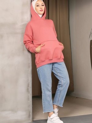 Gül Kurusu Kapüşonlu Oversize Üç İplik Şardonlu Sweatshirt Gül Kurusu Kapüşonlu Oversize Üç İplik Şardonlu Sweatshirt