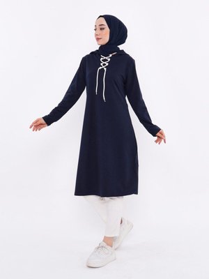 Kapüşonlu Uzun Sweatshirt Lacivert