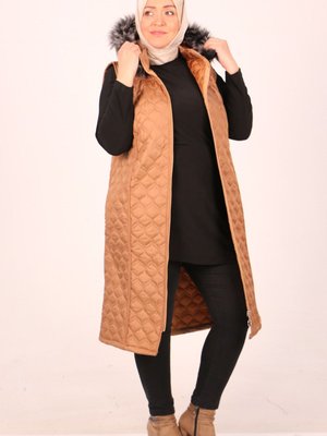 Büyük Beden Kapitone Çıkarılabilir Kapüşonlu Yelek Taba