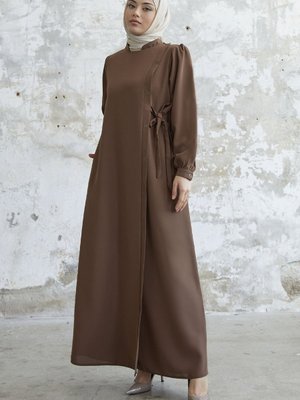 Davies Yandan Düğmeli Kuşaklı Ferace Kahverengi