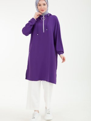 Kolları Ribanalı Kapüşonlu Yarım Fermuarlı Tunik Mor