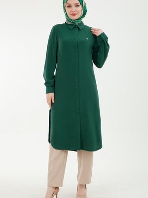 Armine Trend Gömlek Yakalı Kolu Manşetli Düğmeli Tunik Zümrüt