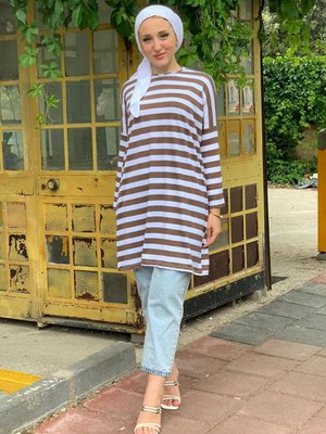 Kahve Kalın Çizgili Oversize Tunik