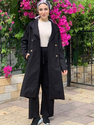 Siyah Kuşaklı Uzun Trençkot