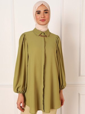İpek Tuşeli Volümlü Kol Detaylı Tunik Yağ Yeşili
