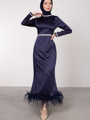 Tüylü Sim Işlemeli Saten Abiye Elbise Lacivert