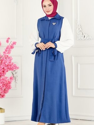 İndigo & Ekru Gizli Düğmeli Mevsimlik Ferace İndigo & Ekru Gizli Düğmeli Mevsimlik Ferace