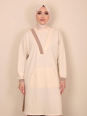 İki İplik Şerit Detaylı Uzun Sweatshirt