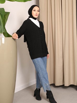 Siyah Düğmeli Selanik Örgülü Triko Hırka Siyah Düğmeli Selanik Örgülü Triko Hırka