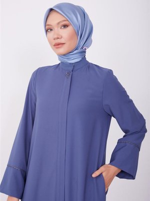 Işleme Detaylı Fermuarlı İndigo Ferace