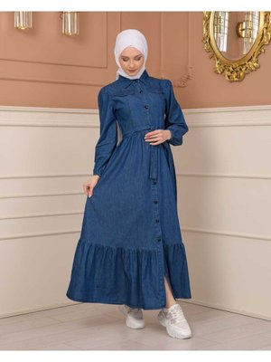 Boydan Düğmeli Beli Bağlamalı Kot Elbise