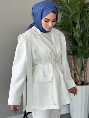 İpli Blazer Ceket Beyaz