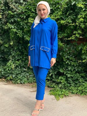 Saks Tunik Cepleri Taş Detaylı İkili Takım Saks Tunik Cepleri Taş Detaylı İkili Takım