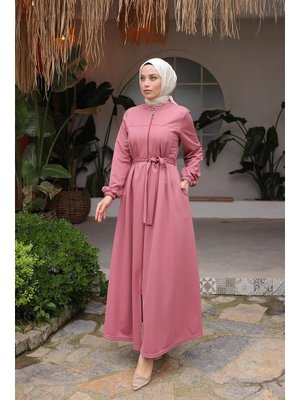 Belden Kuşak Detaylı Ferace Gül Kurusu