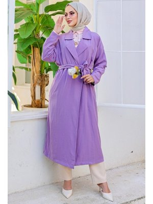 Lila Kruvaze Yaka Kuşaklı Ayrobin Trenç