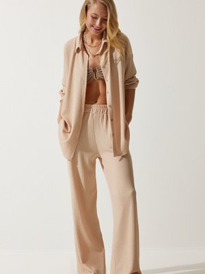 Bej Rahat Örme Gömlek Pantolon Takım