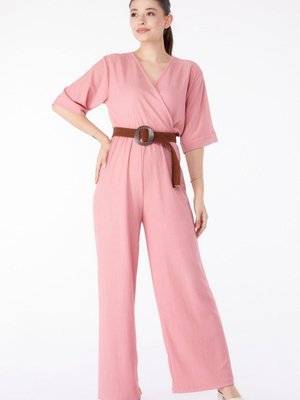 Düz Kruvaze Yaka Pembe Kemerli Tulum Düz Kruvaze Yaka Pembe Kemerli Tulum