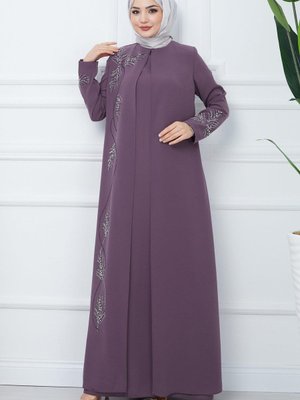 Büyük Beden Yaprak Taşlı Anne Elbisesi Mürdüm