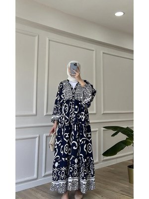 Lacivert Premium Kumaş Desenli Viskon Elbise Lacivert Premium Kumaş Desenli Viskon Elbise