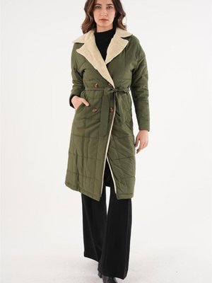 Yakası Peluş Haki Kapitone Mont