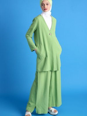 Yeşil Tek Düğmeli V Yaka Cepli Keten Yırtmaçlı Ceket