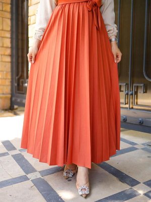 Kuşak Detaylı Piliseli Etek Turuncu
