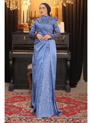 İndigo Taşlı Simli Saten Abiye Elbise