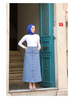 Boydan Düğmeli Gabardin Etek İndigo