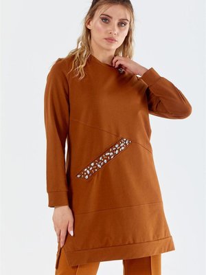 Taş Detaylı İki İplik Taba Sweathirt