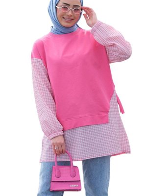 Pembe Kolu Ve Beli Kare Desen Kuşaklı Tunik