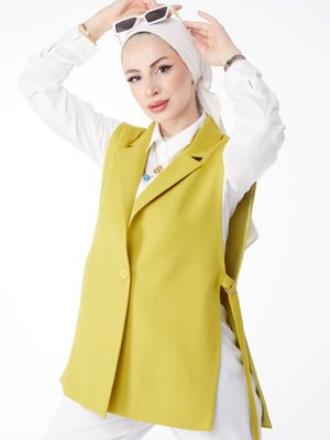 Düz Yaka Yeşil Sıfır Kol Blazer Ceket