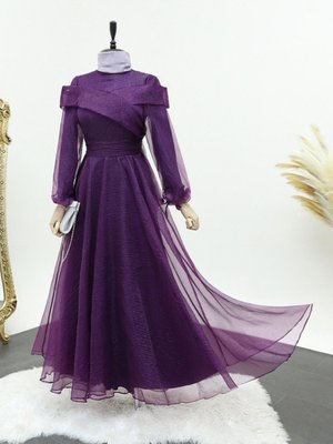 Kolu Bağcıklı Hakim Yaka Simli Tül Abiye Elbise Kolu Bağcıklı Hakim Yaka Simli Tül Abiye Elbise