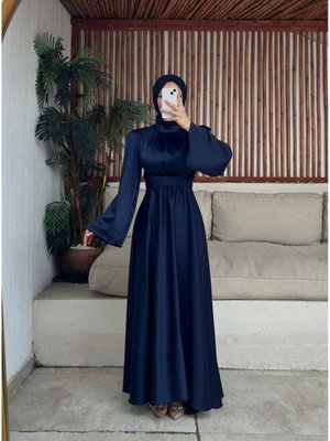 Saten Kolları Volanlı Uzun Tesettur Abiye Elbise