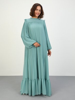 Su Yeşili Piliseli Şifon Abiye Elbise