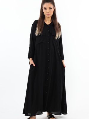 Prive Yaka Viskon Siyah Uzun Yazlık Gömlek Elbise