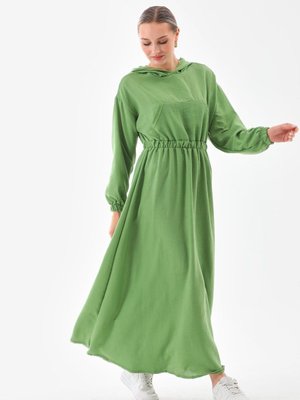 Yağ Yeşili Yazlık Keten Spor Kapüşonlu Belden Büzgülü Cepli Yeşil Elbise Yağ Yeşili Yazlık Keten Spor Kapüşonlu Belden Büzgülü Cepli Yeşil Elbise