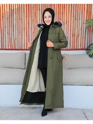 Kmkbin Kadın Tam Boy Bondit Kumaş İçi Kürklü Kapşonlu Spor Ve Şık Mont