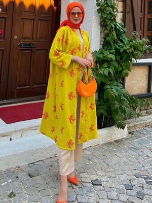 Yağ Yeşil Çiçek Nakışlı Müslin Kimono